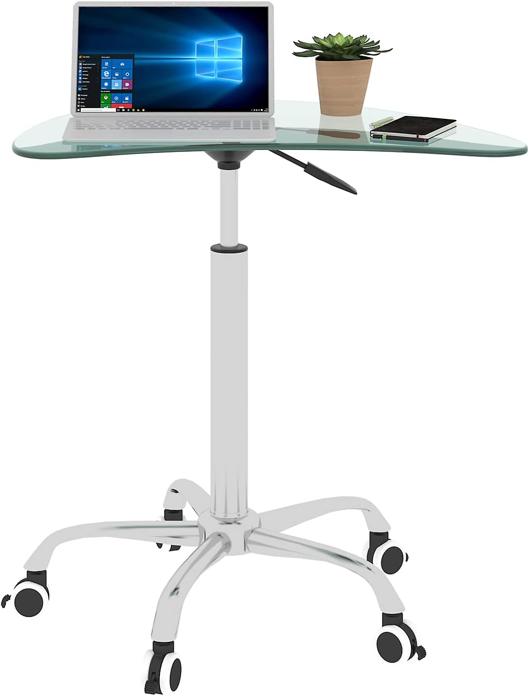 Adjustable Height Transparent Tempered Glass Table Desk Table with Lockable Wheels(Adjustable Range 24.2 "~32.7 ")