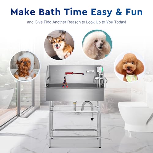 CO-Z 50” Dog Bathing Station for Large Dogs, Professional Dog Grooming Tub Pet Dog Washing Station for Home, Large Dog Bathtub with 304 Stainless Steel Tank, Removable Floor Grate, Steps, Faucet
