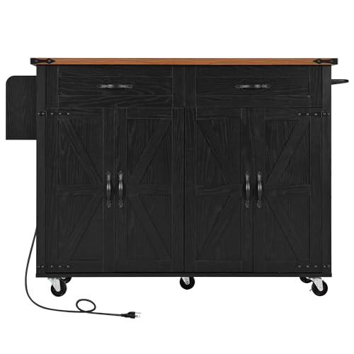 Kitchen Island with Storage, Rolling Kitchen Island Cart On Wheels with Power Outlet & Drop Leaf Countertop, Mobile Island Table for Kitchen with 2 Drawers 2 Cabinet, Spice Rack, Towel Rack, Black