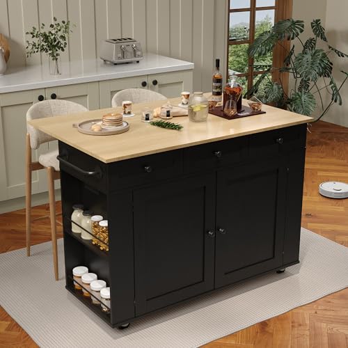 GarveeHome Rolling Kitchen Island Cart with Power Outlet & Drop Leaf, Kitchen Storage Cabinet On Wheels with 3 Drawers, Spice Rack & Towel Rack, Mobile Island Table for Kitchen, Black