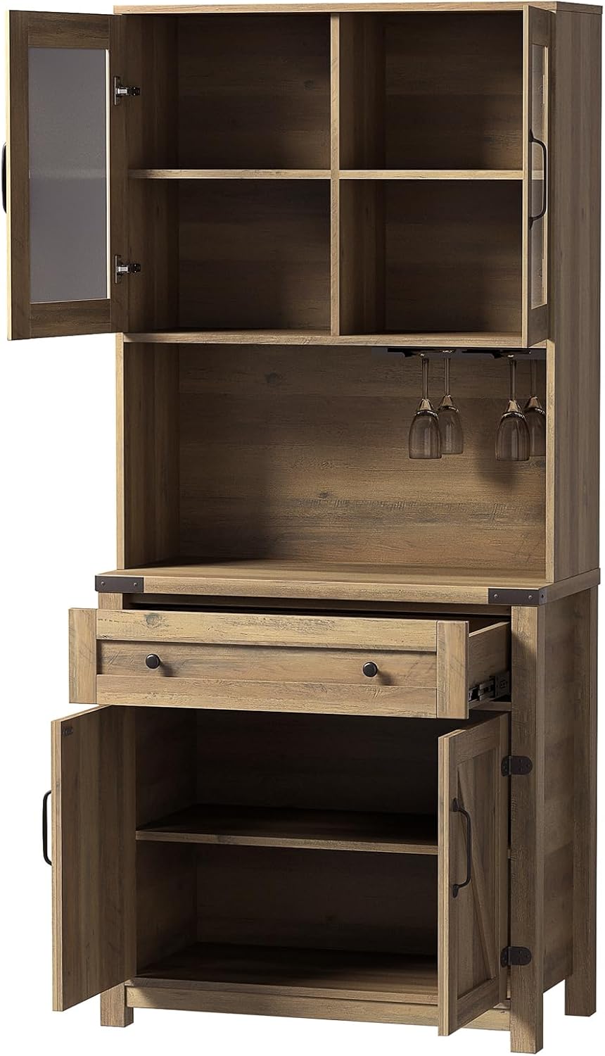 Farmhouse Bar Cabinet,Wooden Tall Wine Rack Kitchen Hutch Storage Cabinet Buffet Sideboard Cabinet Double Barn Door Accent Bar Cabinet with Goblet Holder for Home Kitchen,Dining Room