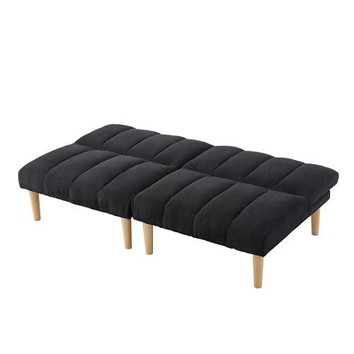Convertible Futon Folding Sofa Bed, Modern Futon Sofa Bed with Corduroy Fabric & Wooden Legs, Loveseat Futon Couch with Adjustable Backrest for Living Room, Bedroom, Office (Blue)