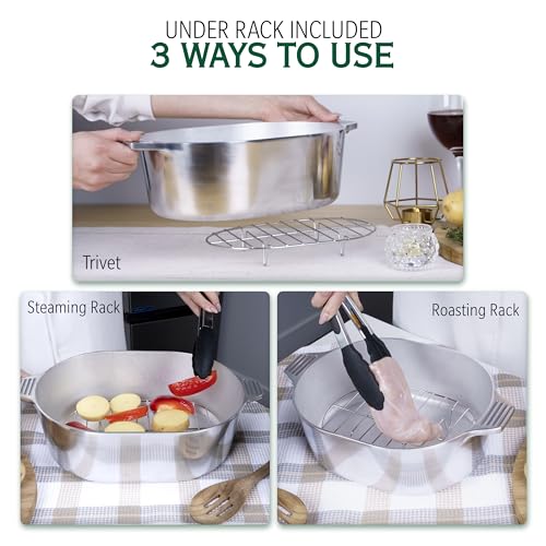 Cast Aluminum Dutch Oven with Lid - 5 Quart Oval Lightweight Pot For Cajun Cookware, Bread Baking & More - Roaster Pan with Silicone Covers & Rack For Even Heat Distribution (11 inch)