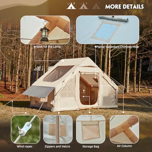 YOLENY Inflatable Tents for Camping, 4/6/8/10/12 Person Tent with TPU Skylight, Mesh Windows, Stove Jack & Pump, Easy Setup 4 Season Glamping Tent, Waterproof & Windproof