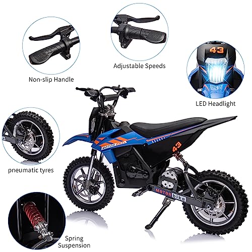 36V Electric Dirt Bike for Kids, Ride on Motorcycle 500W Brushed Motor Variable Speed to 15.5MPH with LED Headlight, Leather Seat,Chain-Driven for Teens Max Load 175lbs,Blue