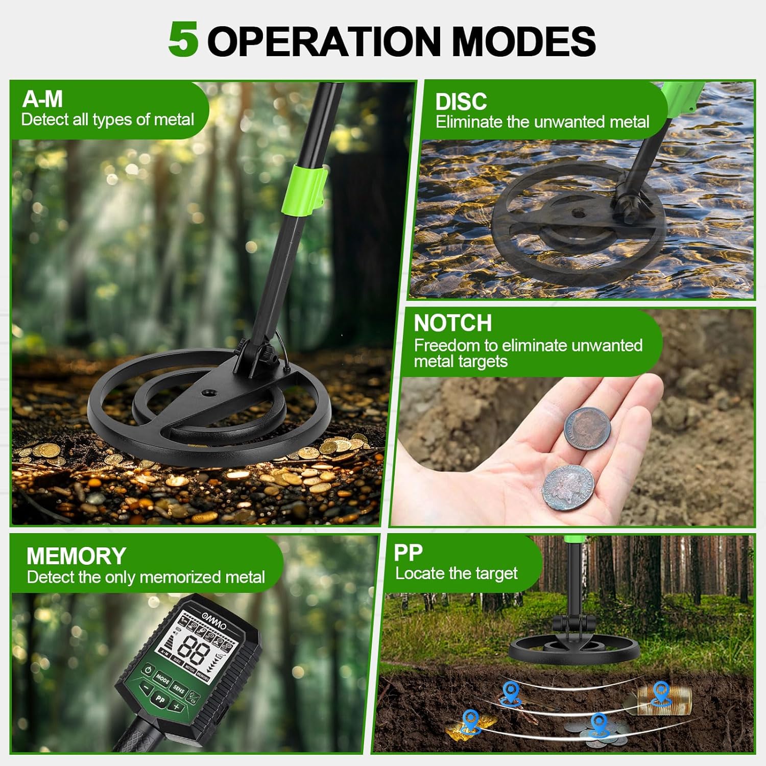 OMMO Metal Detector for Adults, Professional Wireless Metal Detector with Adjustable Foldable Stem, 5 Modes Gold Detector Higher Accuracy 10'' Waterproof Coil for Detecting Gold Coin Treasure