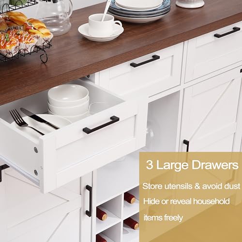 48” Farmhouse Buffet Cabinet - Sideboard with 3 Drawers, 2 Barn Doors, Wine & Glass Rack, Storage Shelves, Ideal for Dining Room, Kitchen, Living Room