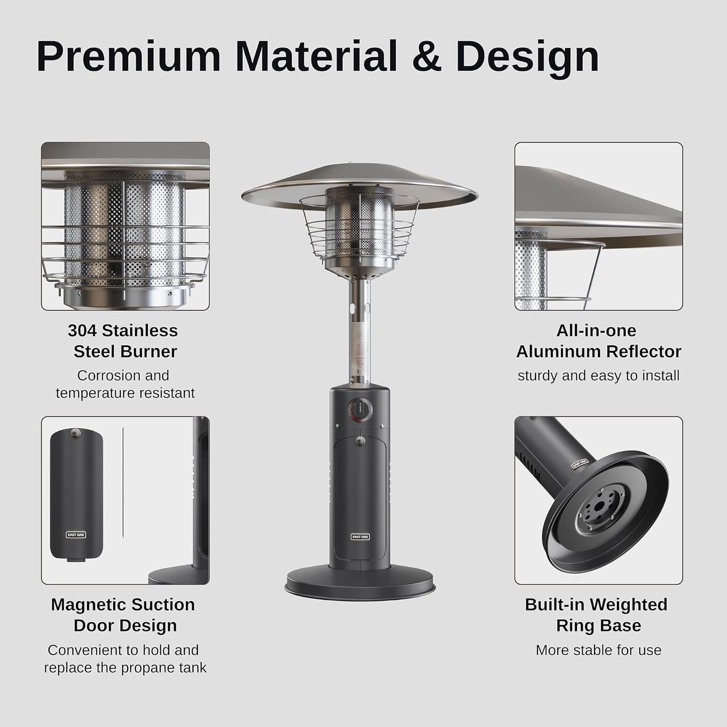 EAST OAK Patio Heater, 11000 BTU Tabletop Outdoor Heater, Mini Portable Propane Heater with 304 Stainless Steel Burner, Triple Protection System, Gas Outside Heater for Patio, Garden, Porch, Black