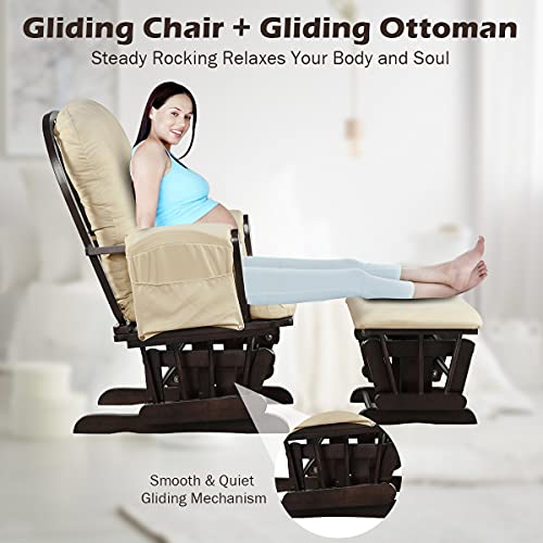 Costzon Nursery Glider with Ottoman, Upholstered Comfort Glider Rocker with Padded Cushion, Storage Pocket, Solid Wood Base, Rocking Chair Nursery for Breastfeeding, Maternity, Napping (Brown)