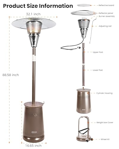 50,000 BTU Patio Heater for Outdoor Use With Adjustable Heat Focusing Top, Propane Patio Heater with Wheels, Stainless Steel Burner for Porch Garden Commercial Residential, Dark Brown