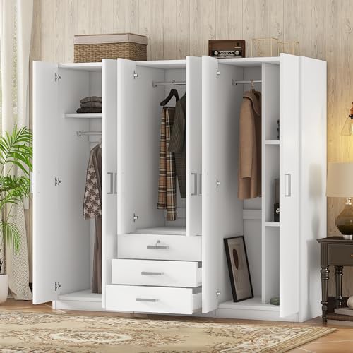 Large Wardrobe Closet 6 Doors, 70.9" W Wooden Wardrobe Cabinet with Big Drawers, Bedroom Armoire Dresser Wardrobe Clothes Organizer (Gray)
