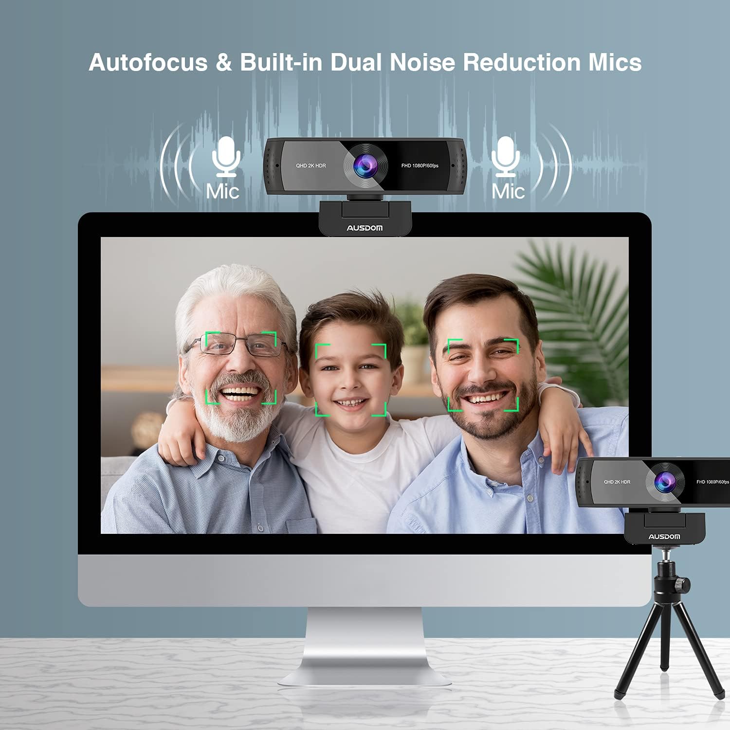AUSDOM 2K QHD AutoFocus Webcam without Disortion, 1080P 60FPS Zoomable Streaming Web Camera, HDR, Dual Noise Cancelling Microphones, Cover Slide & Tripod, for Live Streaming Zoom Skype Facetime, AW651 Pack of 2