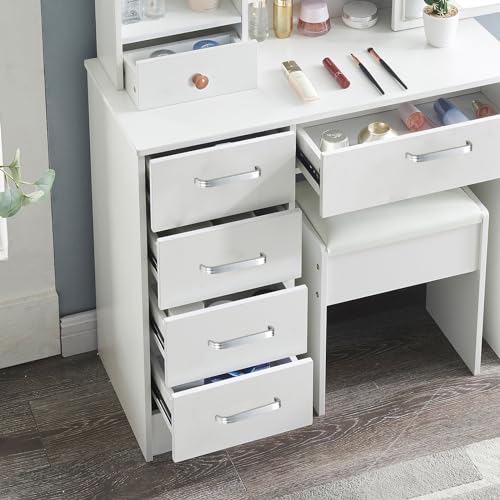 Makeup Vanity Desk with Lighted Mirror & 3 Lighting Modes Adjustable Brightness, Vanity Table with 6 Drawers and Storage Shelves, Vanity Set with Upholstered Stool