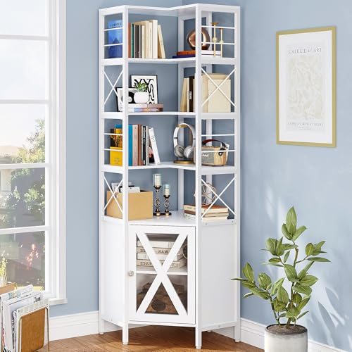 YITAHOME Corner Bookshelf with Storage, 7-Tier Corner Shelf with Doors, Large Corner Bookcase Display Rack for Living Room Bedroom Home Office, White