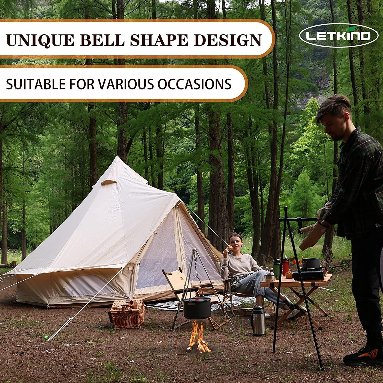 Canvas Bell Tent Yurt with Stove Jack, 4 Season Waterproof Camping Tent 4/6 Person Luxury Outdoor Glamping Tent for Camping, Cotton Tent Bell for Winter Camping, Hunting Party