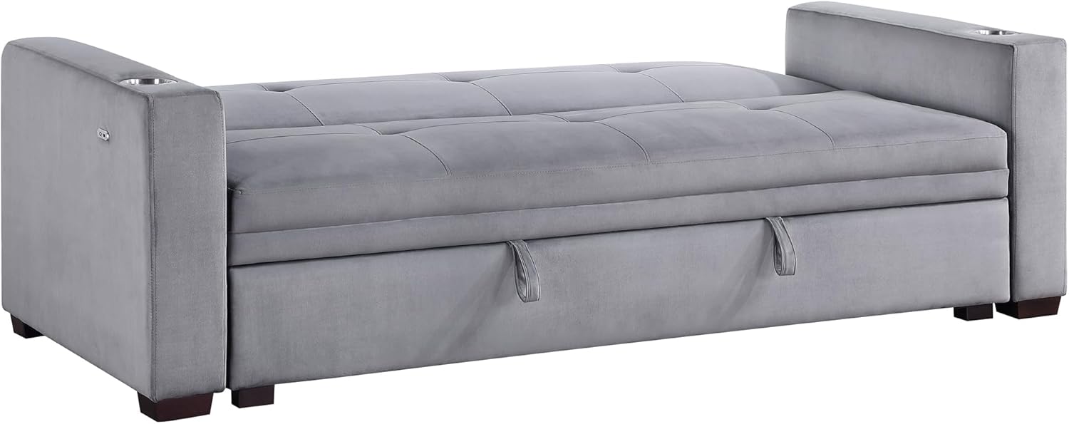 Lexicon Futon Sofa Bed, 83.5" Couch, Sleeper Sofa, Velvet Futon with Storage, Armrest, Two Cup Holders and USB Ports, Sofa Cama, Couches for Living Room and Bedroom, Grey