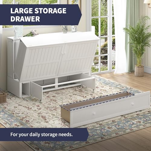Murphy Cabinet Chest Bed, Elegant Queen Size Wall Bed with Charging Station, Storage Drawer, Solid Wood Frame and Folding Mattress, Ideal for Small Space and guest room -B (Burnt Orange)