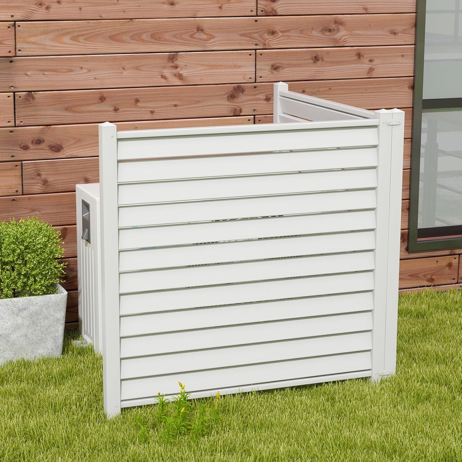 Giantex Air Conditioner Fence 2 Panels - 44''W x 45''H Outdoor Privacy Screens with 4 Metal Stakes, Decorative PVC Trash Can Enclosure, White Louvered AC Fence for Outside Unit Pool Garden Yard