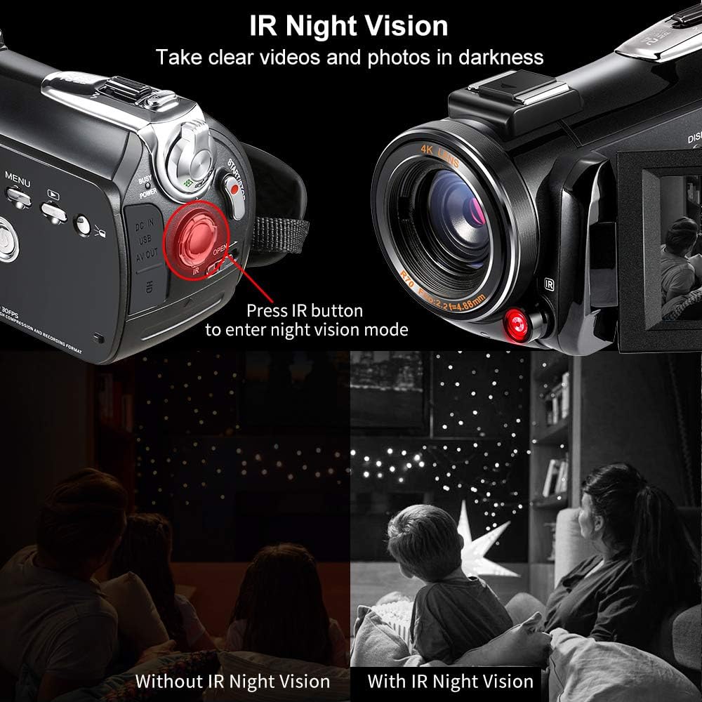 4K Camcorder Vlogging Camera for YouTube ORDRO HDR-AC3 Ultra HD Video Camera 1080P 60FPS IR Night Vision Wi-Fi Camera Recorder Digital Camcorders with Microphone Wide Angle Lens Handheld Stabilizer