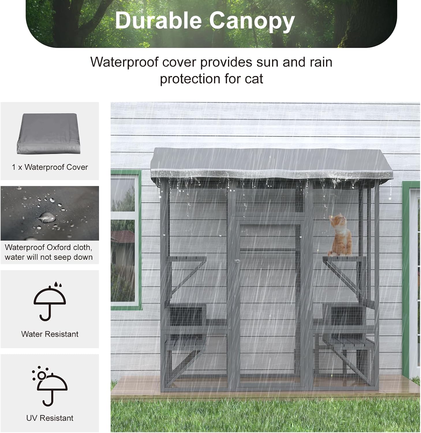 Cat Catio, Large Cat House Outdoor, Outside Cat Enclosure with Sunshine Panel Roof and Waterproof Cover, Wooden Cat Cage with 7 Platforms & 2 Resting Box, Walk in Feral Cat Shelter, 72 inch