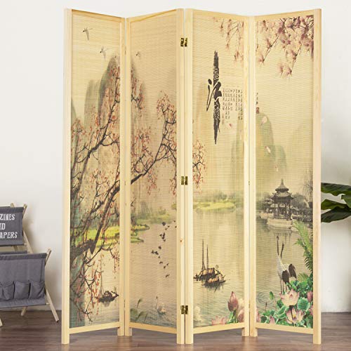 MyGift 4-Panel Folding Bamboo Room Divider Asian-Inspired Cherry Blossom Scene, 6 FT Freestanding Floral Artwork Room Partitioner with Beige Wood Frame