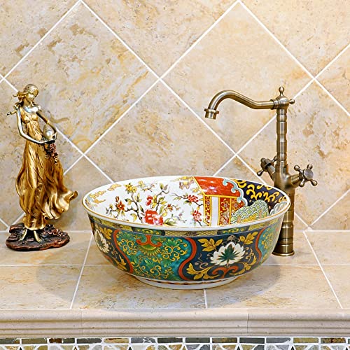 Ceramic Bathroom Vessel Sinks Luxury Retro Style Painted Multi Color Porcelain Round Sink Bowl