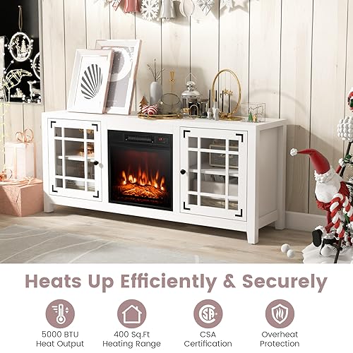 Tangkula Fireplace TV Stand for 65 Inches TVs, 58 Inch TV Console with Electric Fireplace Insert, Adjustable Shelves, Remote Control, 3-Level Flame Brightness, Entertainment Center for Living Room