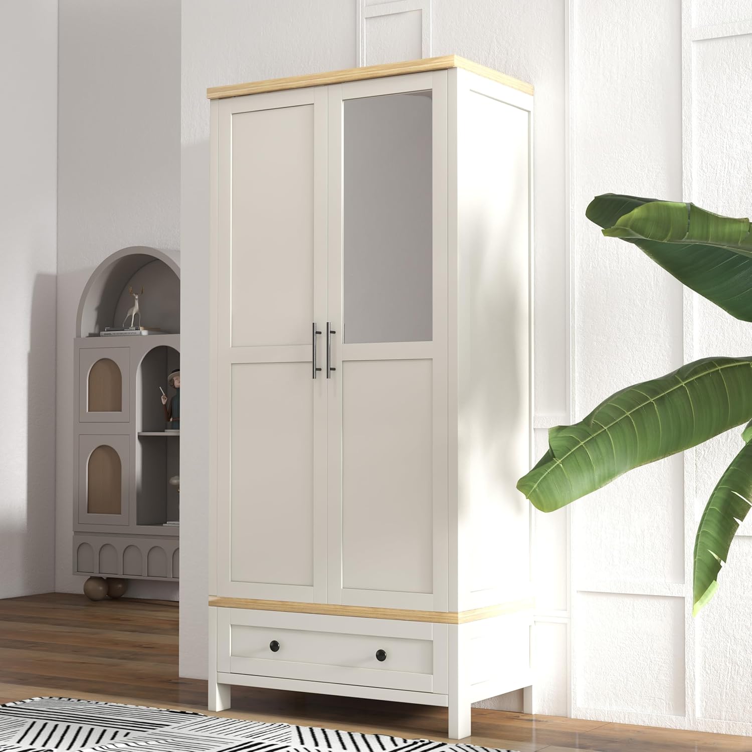 YIGOBUY Armoire Wardrobe Closet with Doors Bedroom Wooden Closet Cabinet with Drawers,Mirror, Shelves, Hanging, Tall Wood Standing Clothes Organizer for Hanging Clothes Armario de Almacenamiento
