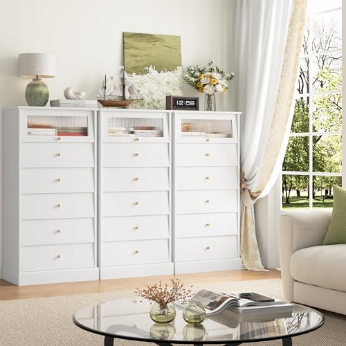 finetones 6 Drawer Dresser Black Dresser, 48.7'' Tall Black Dresser Chest of Drawers, Black and Gold Dresser with Glass Drawer, Gold Dresser Modern Dresser for Home Office
