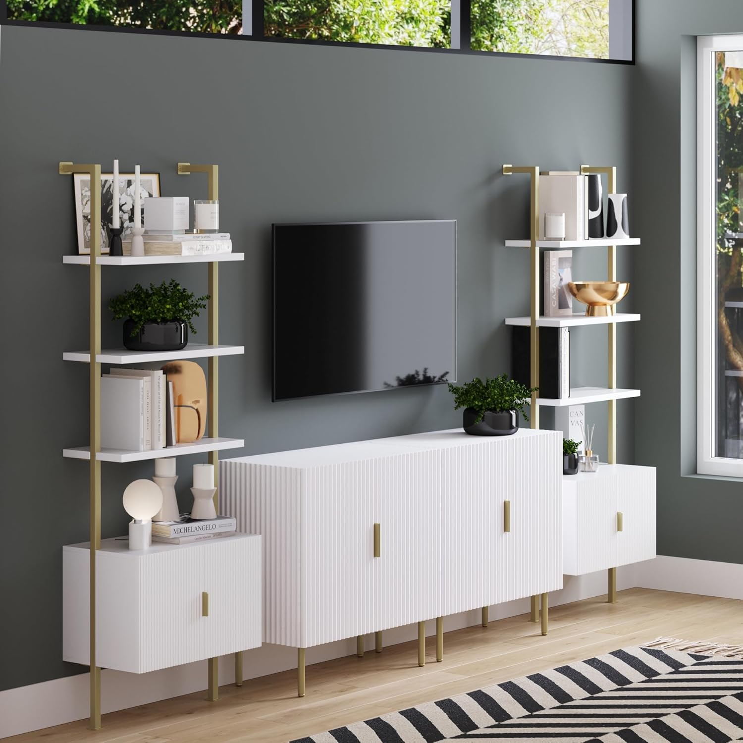 Nathan James Theo Mid-Century Modern Bookcase with Cabinet Fluted Texture, White Open Shelves and Brass Metal Frame Living Room, Home Office Storage, Set of 2