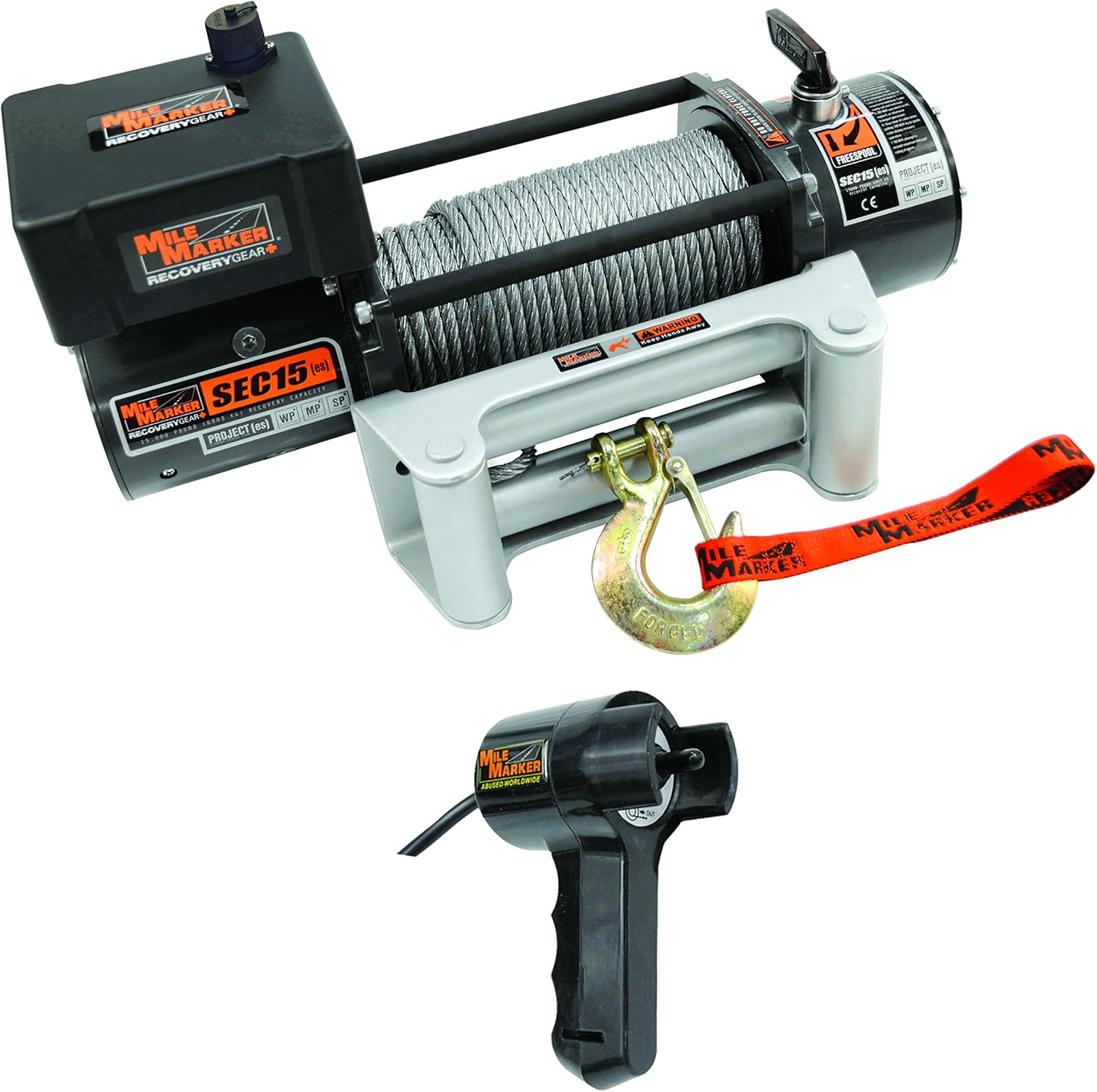 Mile Marker 76-50260W SEC15(es) Truck/SUV Premium Sealed Electric Winch - 15,000 lb. Capacity, 1 Pack,Steel cable