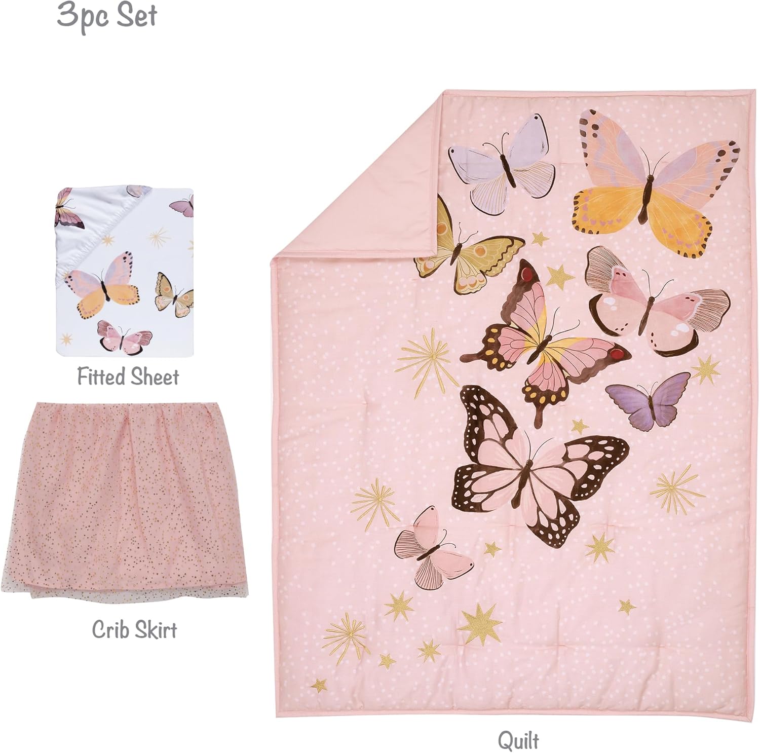 Lambs & Ivy Butterfly Dreams Pink/Gold 3-Piece Nursery Baby Crib Bedding Set