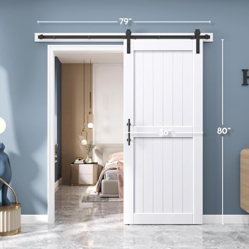 EaseLife 54 x 84 inch White Barn Door with 9FT Sliding Door Hardware Kit Included & Handle,Solid Wood Covered with Waterproof PVC Surface,DIY Assemblely,Easy Install,H-Frame,Fit 50-52in Wide Opening