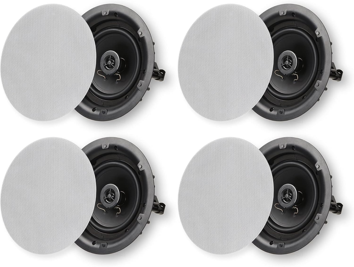 Micca 8 2-Way in Ceiling or Wall Round Speakers, 4 Pack, 8 Inch Woofer, 9.75 Cutout Diameter, Low Profile Rimless Design, for Indoor Rooms or Covered Outdoor Porches, White, Paintable