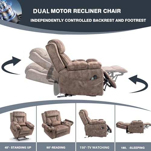 Light Grey Recliner Chair for Elderly | Tall and Big Man 400lbs | Chenille | Power Lift, Lay Flat, Stand Up, Wireless Charging Device, Extended Footrest, Massage Heat, Cup Holder, Lumbar Pillow