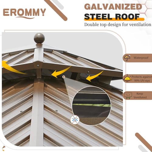 EROMMY 14'x20' Hardtop Gazebo Double Roof Galvanized Steel Canopy Outdoor Aluminum Frame Permanent Metal Pavilion with Netting and Curtains for Patio Backyard Deck and Lawns