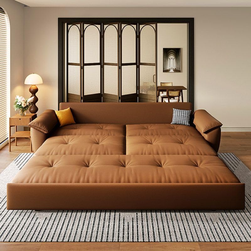 CraftThink Convertible Sleeper Sofa Bed, Modern Brown Genuine Leather Futon Sofa Bed with Tufted Back, Casters, and Pillow Included for Living Room Bedroom, Storage Included 81" L x 33.5" D x 35" H