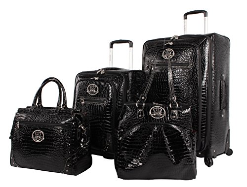 Kathy Van Zeeland Croco PVC Designer Luggage - 4 Piece Softside Expandable Lightweight Spinner Suitcases - Travel Set includes a Dowel and Shopper Bags, 20-Inch Carry On & 28-Inch Suitcase (Burgundy)