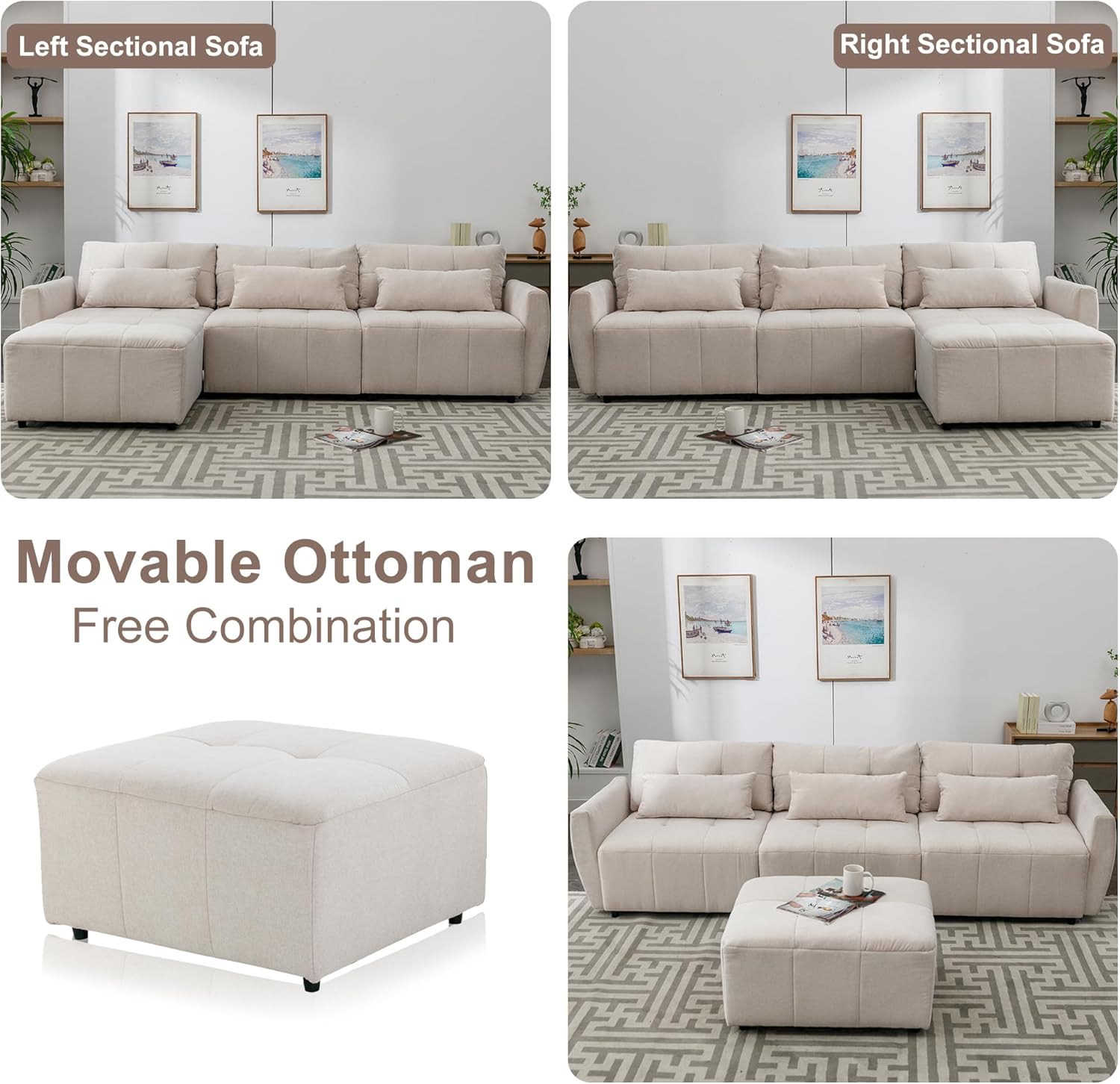 Living Room Furniture Sets, Oversized 114" Convertible Sectional Sofa,5-Seat L-Shaped Couch with Movable Ottoman and USB,Extra Comfy Upholstered Cloud for Large Space Apartment Office, Beige