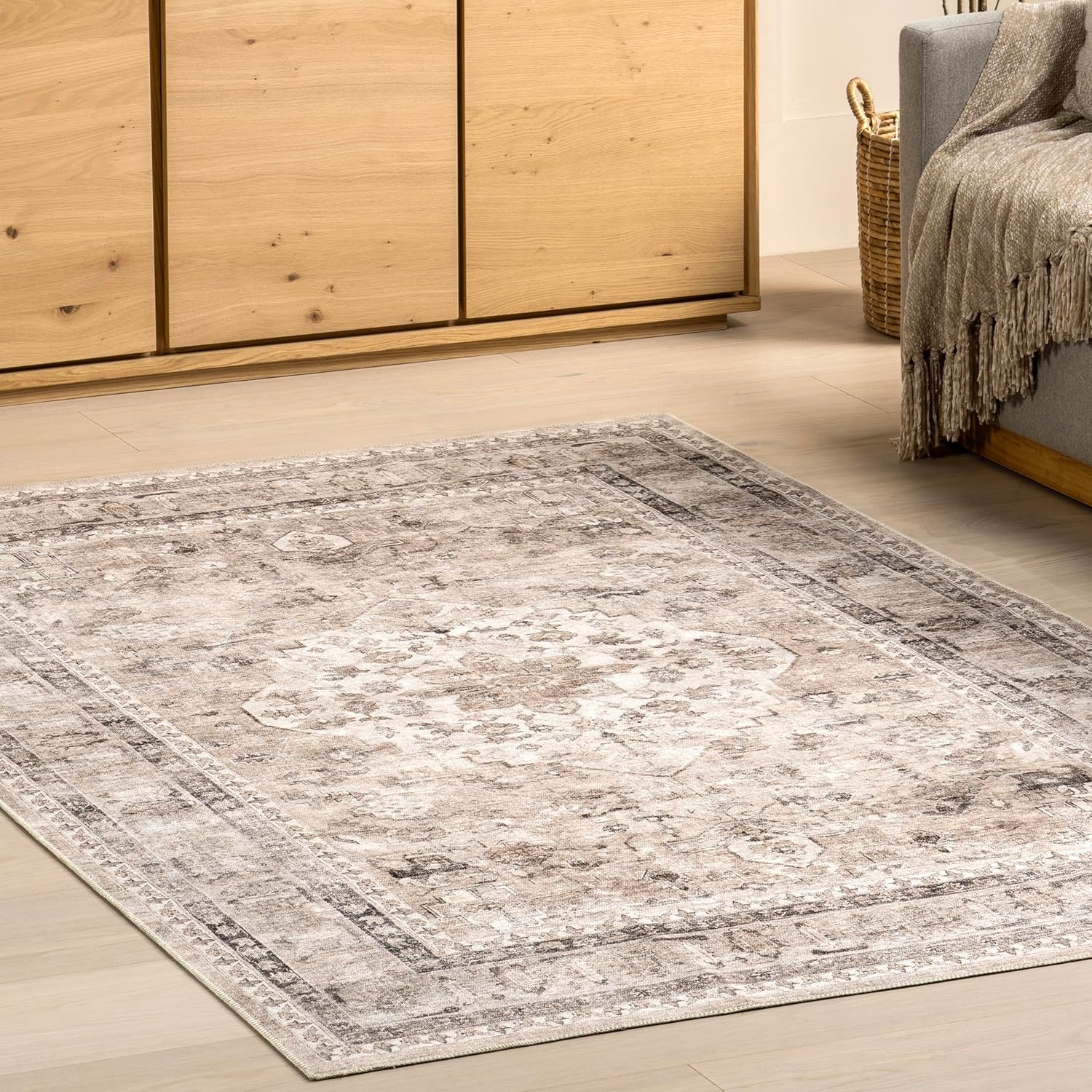 nuLOOM Davi Medallion 6x9 Spill Proof Machine Washable Area Rug for Living Room Bedroom Dining Room, Stone/Ivory