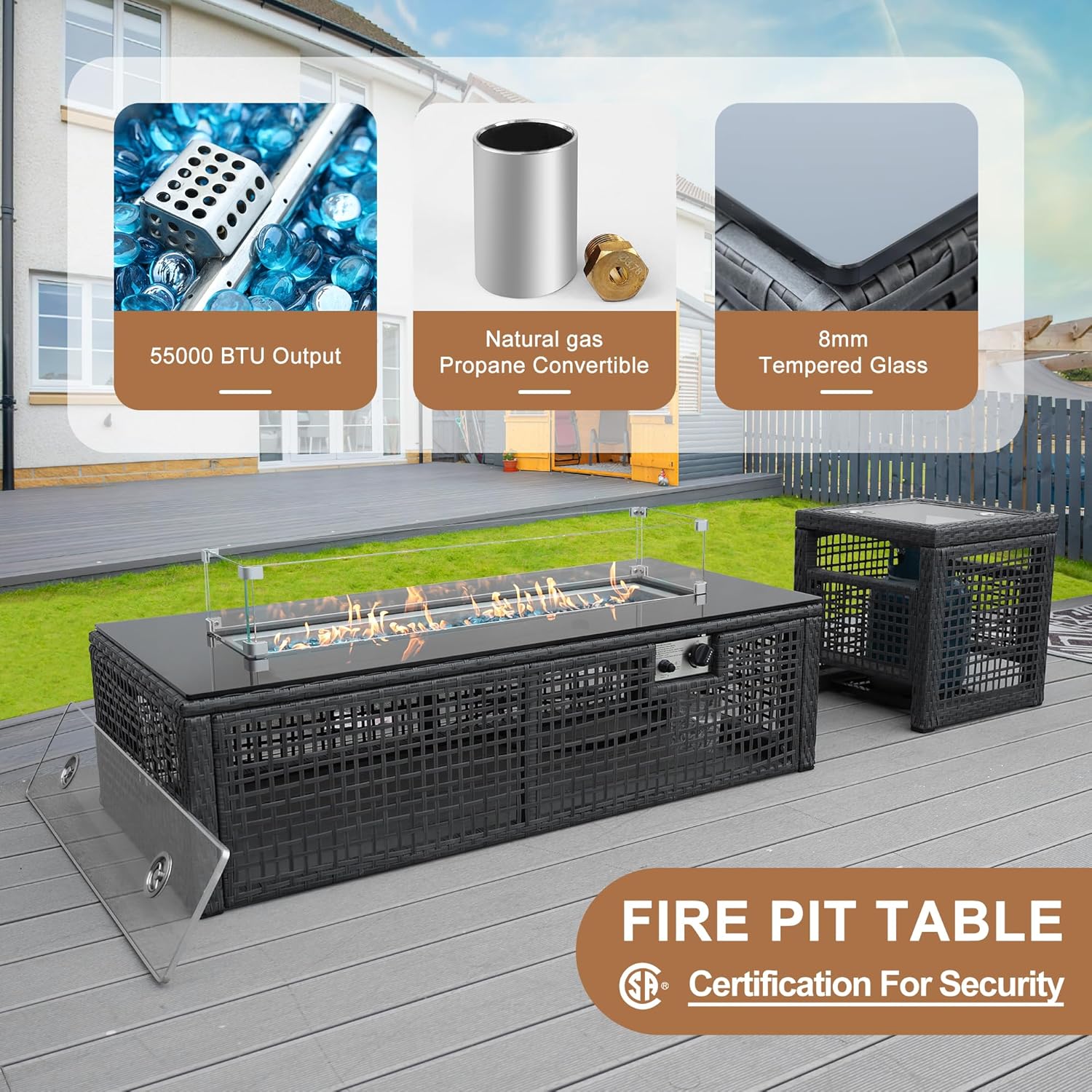 NICESOUL® 10 Piece Patio Furniture Set with Fire Pit Table Large Size Wicker Outdoor Sectional Luxury Rattan Conversation Sets Modular Sofa with Propane/Natural Gas Convert for Pool Lawn Grey