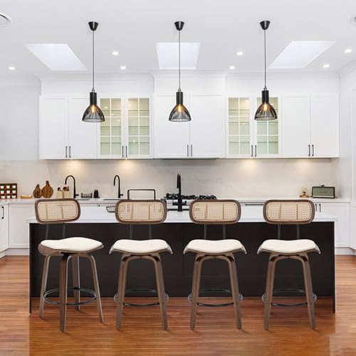 Rattan Bar Stools Set of 2,Counter Height Bar Stools,Swivel Bar Stools with Back,Counter Stools for Kitchen Island,Leather Bar Chairs with Wood Legs,Mid Century Modern Bar Stools,Beige