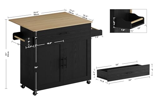 IRONCK Rolling Kitchen Island Table on Wheels with Drop Leaf, Storage Cabinet, Drawer, Spice/Towel Rack, Kitchen Cart, 47.25" Wide Black