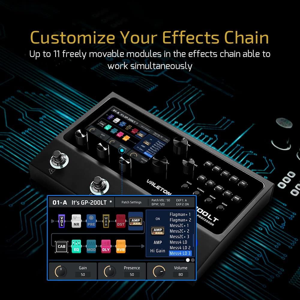 Valeton GP-200LT + 10 ft Cable Bundle Multi Effects Pedal Processor Guitar Bass Amp Modeling IR Cabinets Simulation Multi-Effects with FX Loop MIDI I/O Stereo OTG USB Audio Interface