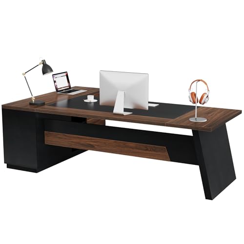 Tribesigns 78" L-Shaped Executive Desk, Large Office Desk with Drawers and Lateral File Cabinet, Business Furniture with Storage Shelves, Modern Computer Desk for Home Office, Walnut & Black