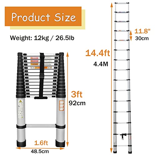 Telescoping Ladder 20.3ft Aluminum Extension Folding Ladder with 2 Hooks, 330lbs Max Load, with Anti-Slip Rubber Feet, Folded Height 3.4ft, Weight 36lbs, Portable Attic Ladder Easy to Transport