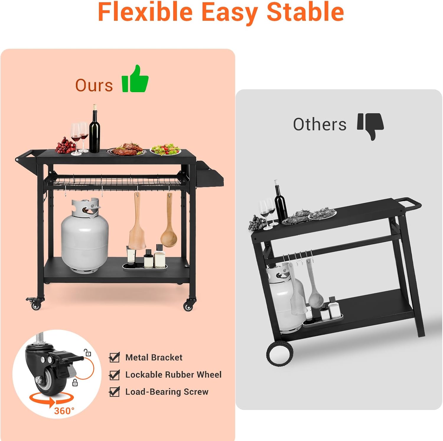 Outdoor Grill Cart, Pizza Oven Stand Table with Mesh Racks Dining Cart Table for Outside Patio, Movable Kitchen Cooking Prep Table BBQ Cart with Wheels for Home Party, Bar, Camping, Black