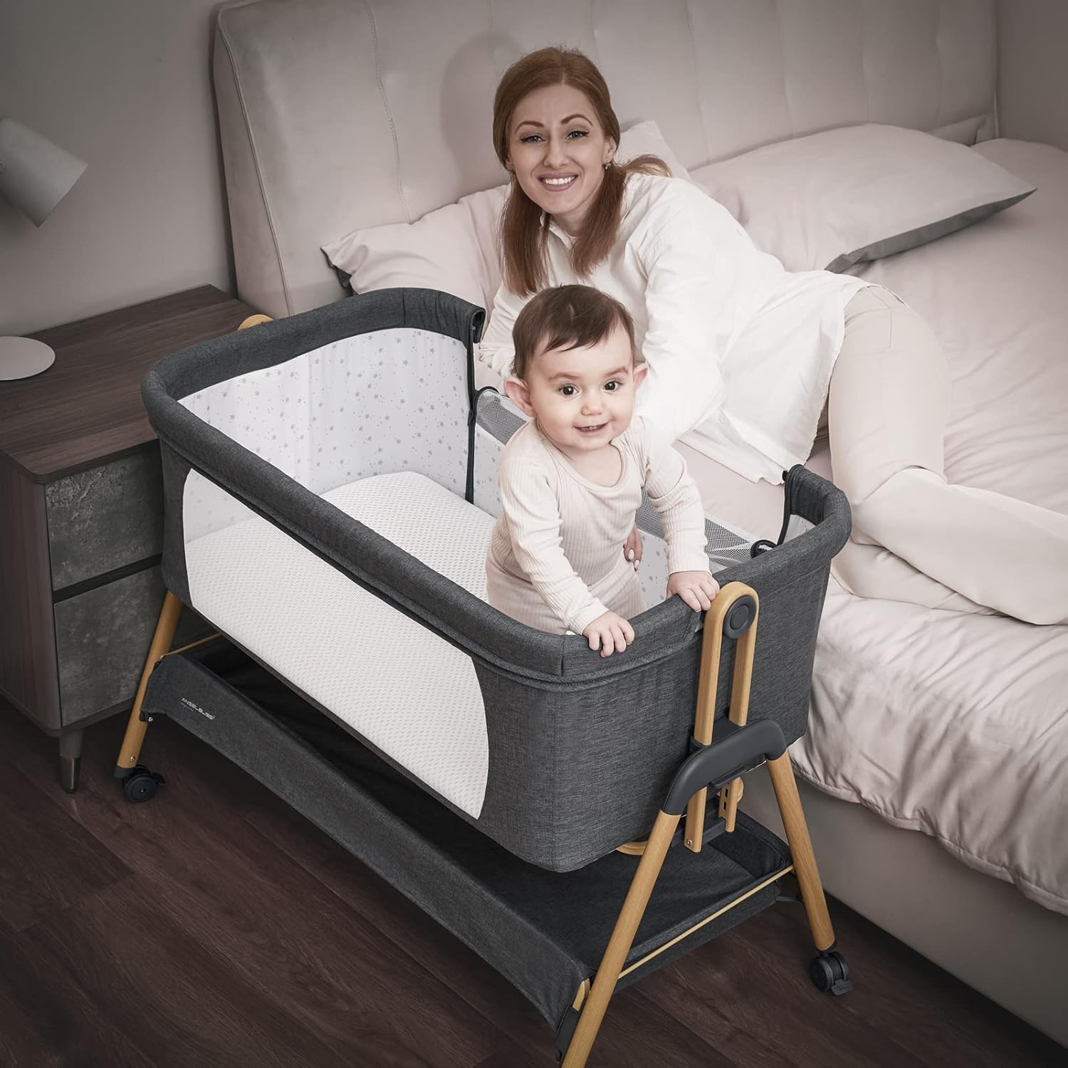 ANGELBLISS Baby Bassinet, Bedside Sleeper, Easy Folding Bedside Crib with 100% Breathable & Washable Mattress Baby Bed, 6-Level Adjustable Portable Bassinets for Safe Co-Sleeping for Newborn Infant