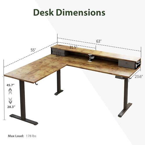 Agilestic L Shaped Electric Standing Desk with 2 Drawers, 63 Inch Ergonomic Adjustable Height Desk with Storage, Corner Desk Sit Stand up Computer Table for Work Office Home, Rustic Brown