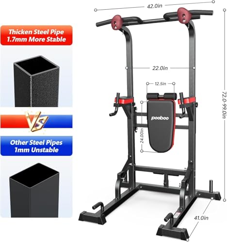 Pooboo Power Tower Dip Station Pull Up Bar for Fitness Home Gym Workout,Multi-Function Adjustable Height Fitness Strength Training Exercise Equipment,with Supine Board